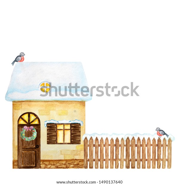 Winter yellow\
House, brown wooden fence with snow and Bullfinch bird couple.\
Front view. Cartoon Watercolor Greeting card, poster, banner\
concept with copy space for\
text.