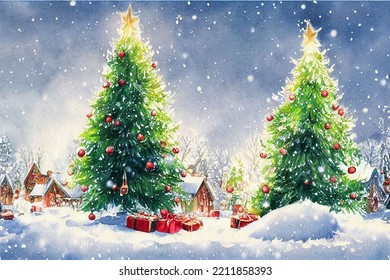A Wintry Christmas Scene of Christmas Tress in a Forest Pine Evergreen Baubles decorated Festive Wintry Snow 3d illustration