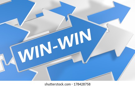 Win-Win 3d render concept with blue and white arrows flying upwards over a white background.