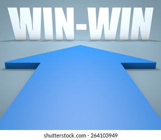 Win-Win - 3d render concept of blue arrow pointing to text.