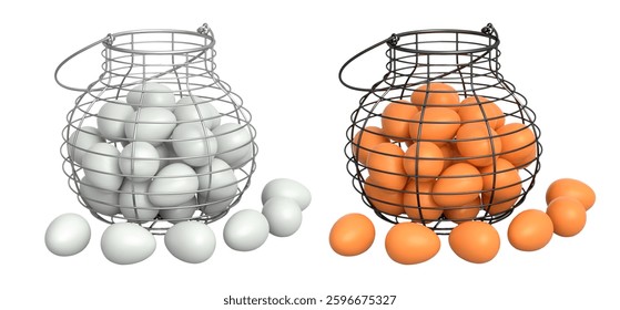 Wire baskets filled with eggs, isolated on white transparent background, concept of kitchen storage.