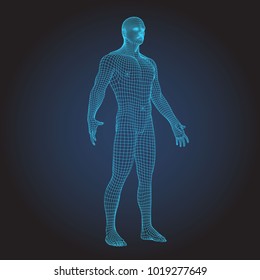 Wire frame human full body in virtual reality. Medical blue print scanned 3D model. Polygonal technology design