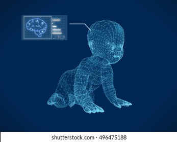 Wire frame of the model of the baby with graphics research on blue screen.3D rendering.