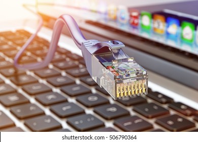 Wire network connection and internet communication technology concept, closeup view of ethernet cable plug connector on computer laptop keyboard, 3d illustration