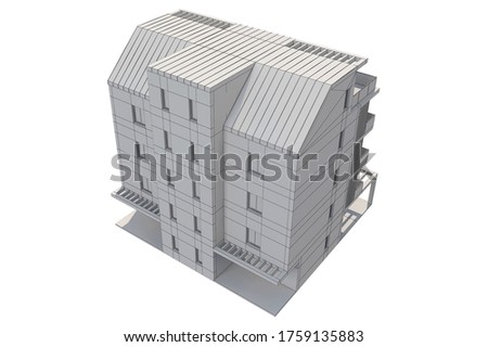 Wireframe 3d rendering of Apartment house isolated on white background
