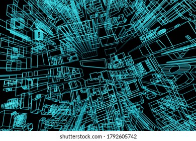 Wireframe Building Graphic Sci-fi Technology Background 3D Rendering Top View