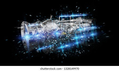 Wireframe holographic 3D digital projection of an engine on black background