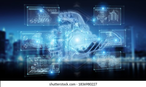 Wireframe Holographic Digital Projection Of An Engine On Blue Background 3D Rendering