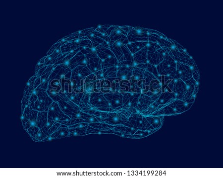 Wireframe of the human brain with glowing lights. Polygonal human brain from blue lines on a dark background. 3D illustration