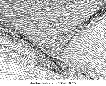 Wireframe landscape background. Cyberspace grid technology illustration on white