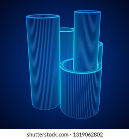 Wireframe low poly mesh construction metallurgy round tubes profile 3d render illustration