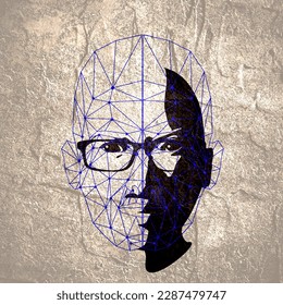 Wireframe mesh head shape consisting of connected dots and lines. Human face silhouette