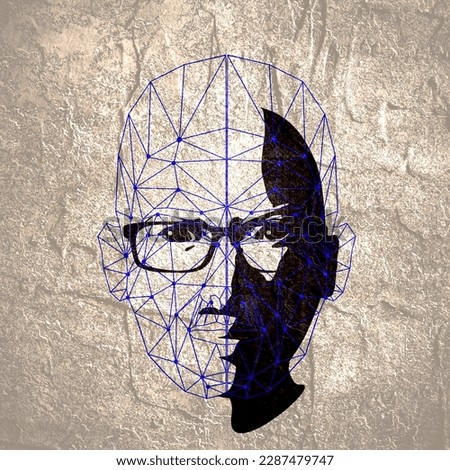 Wireframe mesh head shape consisting of connected dots and lines. Human face silhouette