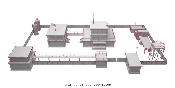 Wireframe Military Base View Above Isolated On White. 3d Rendering