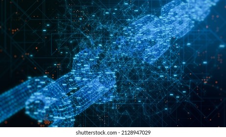 Wireframe Model Of A Broken Chain With Random Numbers, Abstract Tech Background, Concept Of Blockchain Hacking Or Cryptocurrency Drop In Value