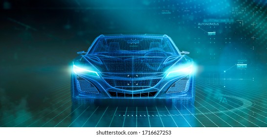 Wireframe Of Modern Car With Hi Tech User Interface Details In Dark Environment, Font View (3D Illustration)