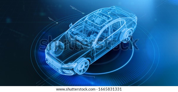 Wireframe of modern car\
with hi tech user interface details in dark environment (3D\
Illustration)