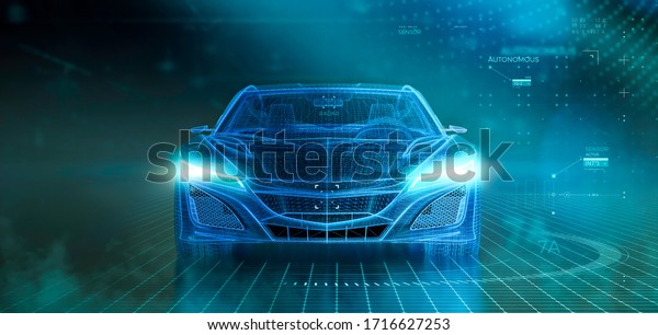 Wireframe of\
modern car with hi tech user interface details in dark environment,\
font view (3D\
Illustration)