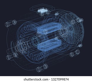 Wireframe Of The Motor. Internal Parts Of The Engine. 3D Illustration