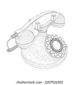 Wireframe Of An Old Wired Telephone From Black Lines Isolated On A White Background. Isometric View. 3D Illustration.