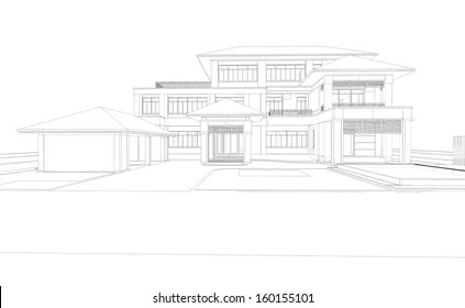 Wireframe Perspective Of House - 3D Render Of A Building