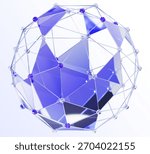 Wireframe polygonal 3d sphere of lines and dots. Futuristic geometric globe shape of purple crystal diamonds and glass holographic triangles. Mesh orb, isolated graphic design element. 3D Illustration
