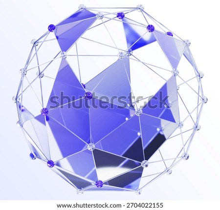 Wireframe polygonal 3d sphere of lines and dots. Futuristic geometric globe shape of purple crystal diamonds and glass holographic triangles. Mesh orb, isolated graphic design element. 3D Illustration