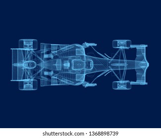 Wireframe Racing Car Of The Blue Lines On A Dark Background. View From Above. Polygonal Racing Car. 3D Illustration