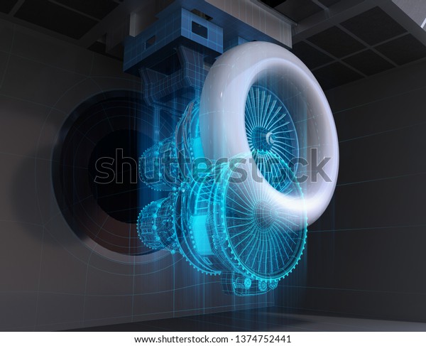 Wireframe rendering of aeroengine test\
cell. Digital twin concept. 3D rendering\
image.