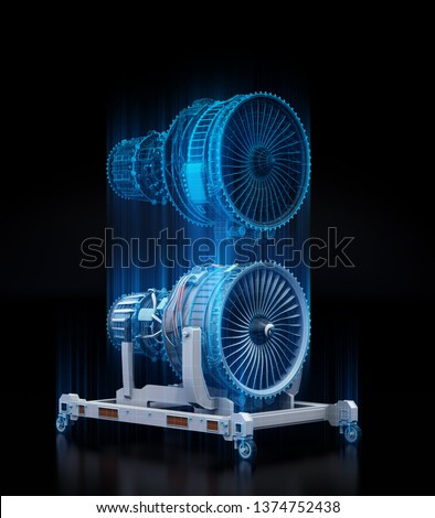 Wireframe rendering of turbojet engine and mirrored physical body on black background. Digital twin concept. 3D rendering image.