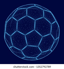 Wireframe Of The Soccer Ball Of The Blue Lines. Polygonal Soccer Ball On A Dark Background. 3D Illustration