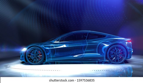 Wireframe of sports car in dark environment (3D Illustration)