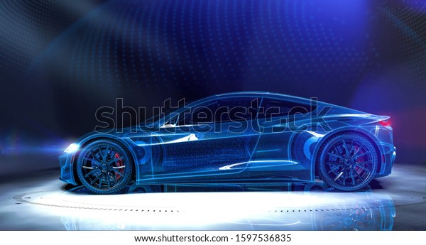 Wireframe of sports car in dark environment\
(3D\
Illustration)