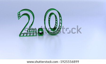 Wireframe text "2.0" in green chrome metal. 3d rendering. 