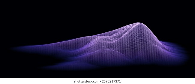 Wireframe visualization of a desert dune. With the characteristic gentle slope on the windward side and a steeper slope on the leeward side. Isolated on a black background. 3D illustration