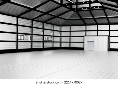 Wireframe Warehouse Building Interior. Buildings, Workshops And Construction. 3d Illustration