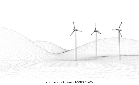 Wireframe wind turbines; original 3d rendering and models