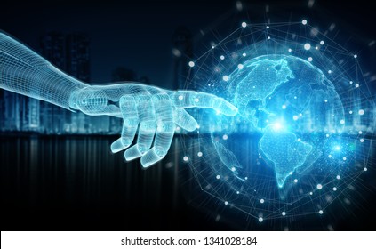 Wireframed blue robot hand touching digital world map on dark background 3D rendering