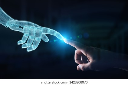 Wireframed Robot Hand Making Contact With Human Hand On Dark Background 3D Rendering