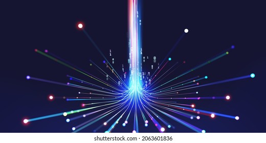 Wireless Data Transmission, High Speed Internet. Information Flow In Abstract Cyberspace. Neural Network 3D Illustration. Big Data And Cybersecurity. Data Stream. Global Database And AI