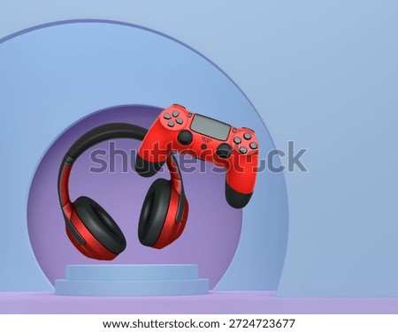 Wireless gaming controller and headphones displayed over podium on abstract background, concept of modern gaming technology.