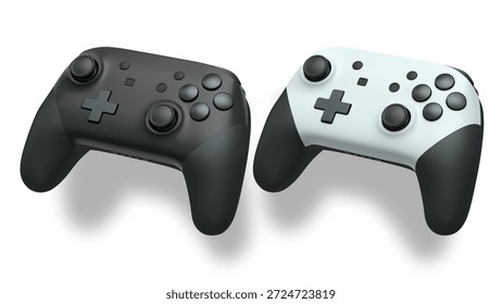 Wireless gaming controllers flying in air isolated on white background with clipping path, symbolizing gaming technology concept.