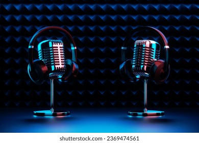 Wireless headphones and microphone in retro design on a dark background. Concept for podcast, interview, radio, listening to podcasts. 3D rendering, 3D digital illustration, photo-realistic quality - Powered by Shutterstock