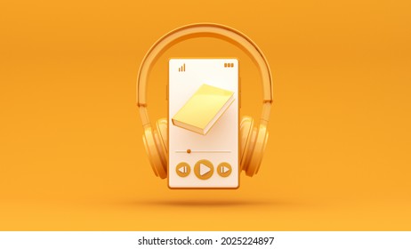 Wireless headphones with smartphone and flying notes - 3d render. Concept for online music, radio, listening to podcasts, books at full volume. Digital illustration for mobile music app, song.