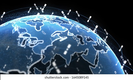 Wireless Internet Data Wifi Connectivity By A Global System Of Telecommunication Satellites In Render Concept Animation On Black Background 3d Rendering In 4K