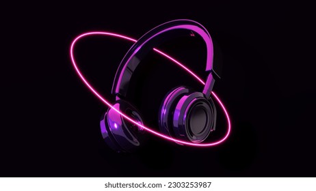 Wireless neon headphones - 3d render. Concept for online music, radio, listening to podcasts, books at full volume. Digital illustration for mobile music app, song. - Powered by Shutterstock