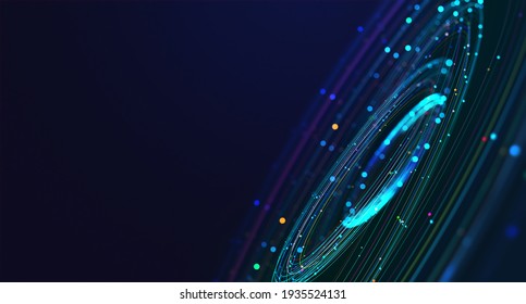 Wireless Systems, Globalization, Big Data. Data Analytics, Blockchain Technology. 3D Illustration Of Circular Paths. Orbital Motion Abstract Background