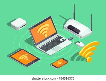 Wireless technology devices isometric poster with laptop printer smartphone router and wifi internet connection symbol  illustration 