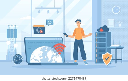 Wireless technology, WiFi network communication. Fast data transfer from one device to another. Flat cartoon vector illustration with people characters for banner, website design or landing web page