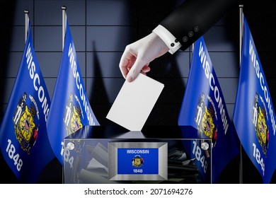 Wisconsin Flags, Hand Dropping Ballot Card Into A Box - Voting, Election Concept - 3D Illustration